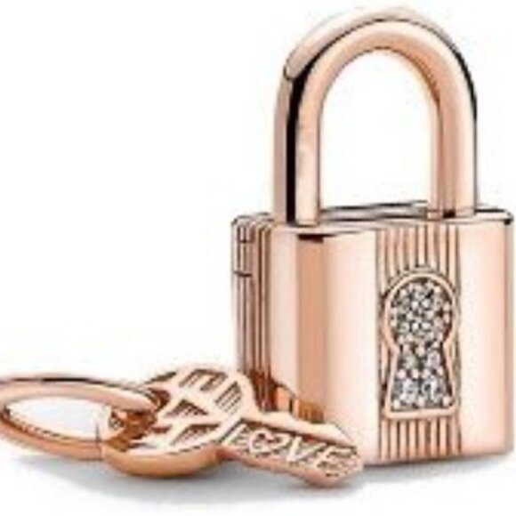 Rose Gold Padlock & Heart Dangle Charm - Picture 1 of 4